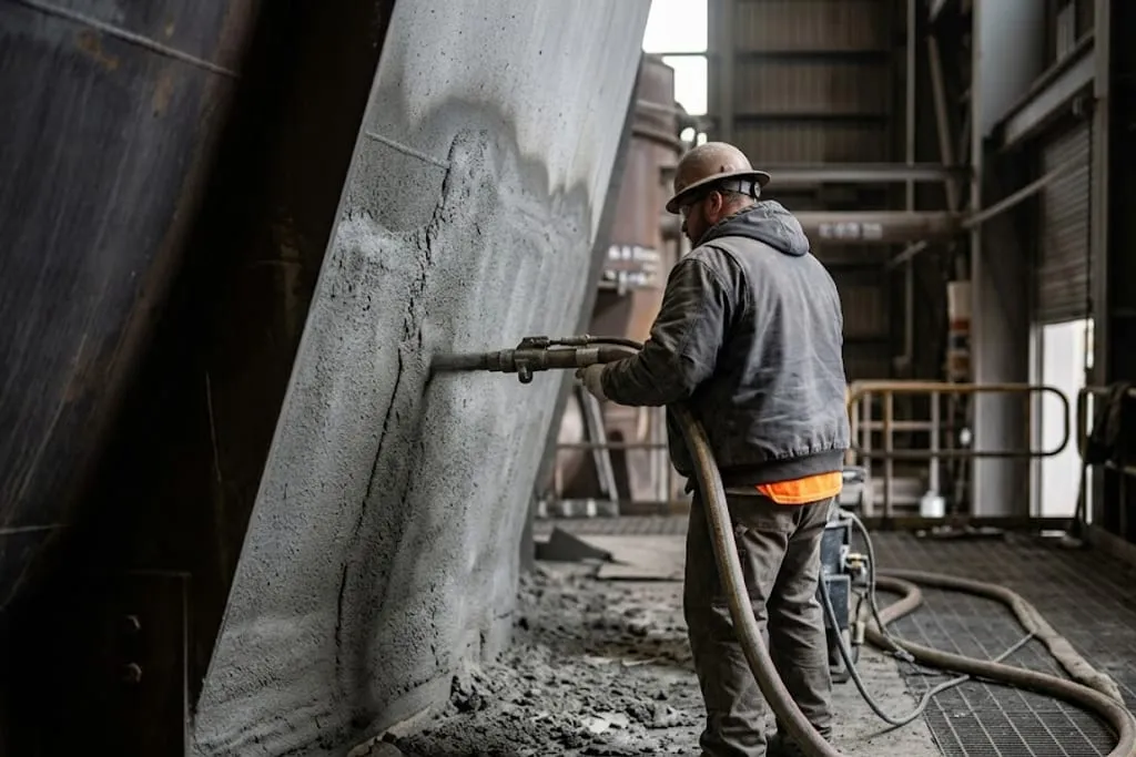 A refractory applicator seen from behind and to one side, gunning the sloping inside wall of a large vessel with a hand-held nozzle on the end of a heavy material hose that loops away across the floor, with loose rebound material scattered over the steel grating beneath the work.