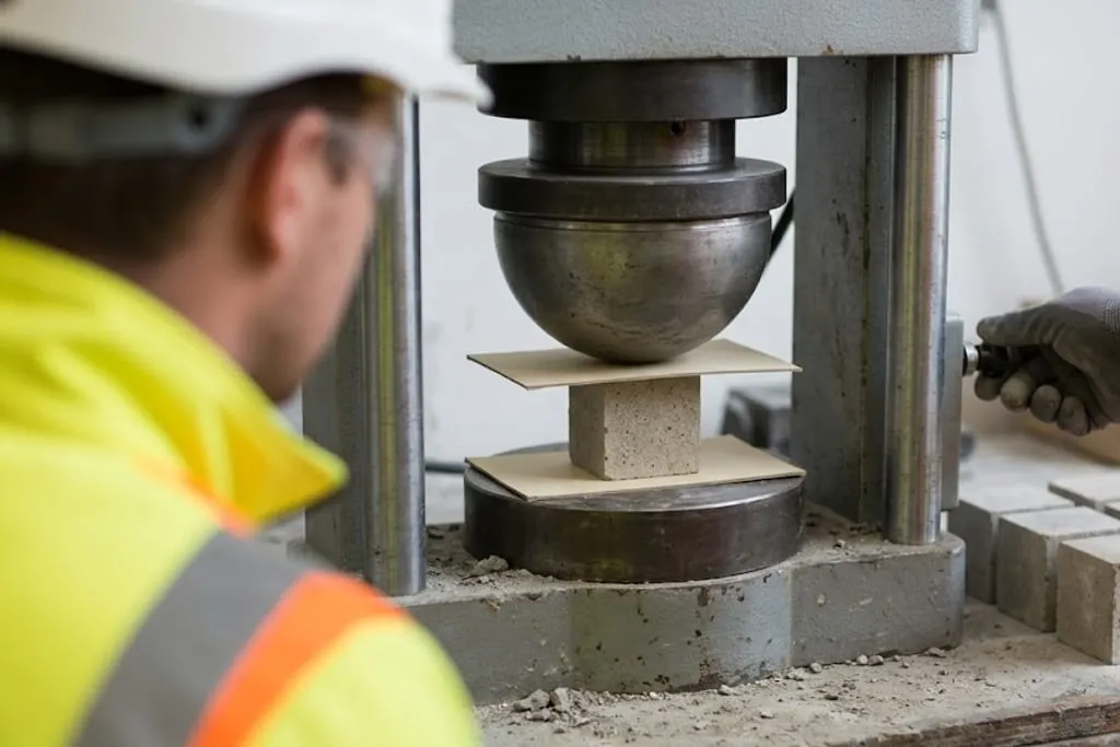 A laboratory compression testing machine with a pale refractory cube centred on the lower platen between two sheets of cardboard, the large spherical bearing block of the loading head lowered close above it, a row of further cubes waiting on the bench alongside, and a technician watching from the left out of focus.