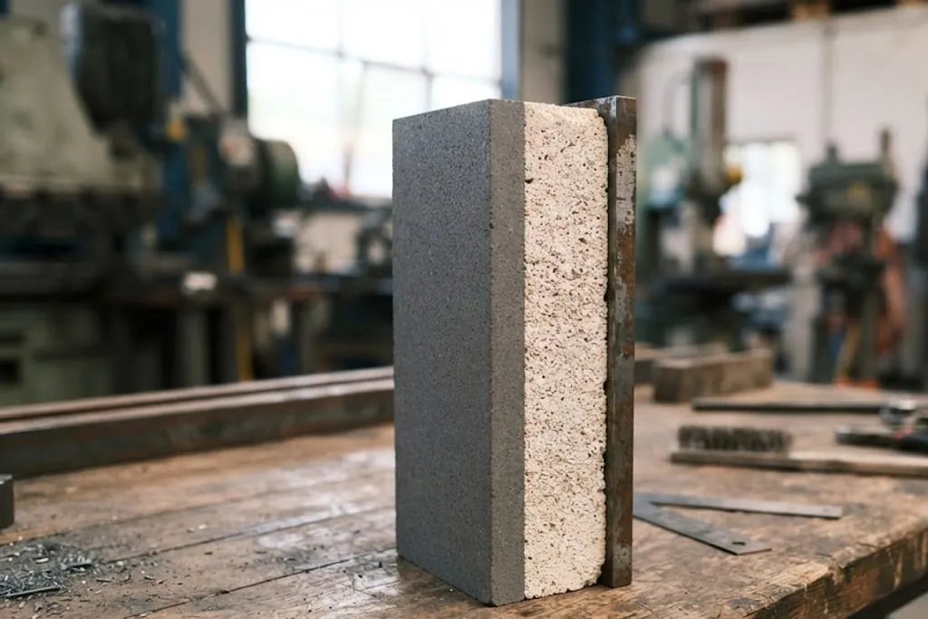 A rectangular block cut from a refractory lining standing upright on a workshop bench, showing two bonded layers through its thickness — a coarse, speckled dense layer on one side and a paler, finer insulating layer on the other — with hand tools and a vice out of focus on the bench behind.