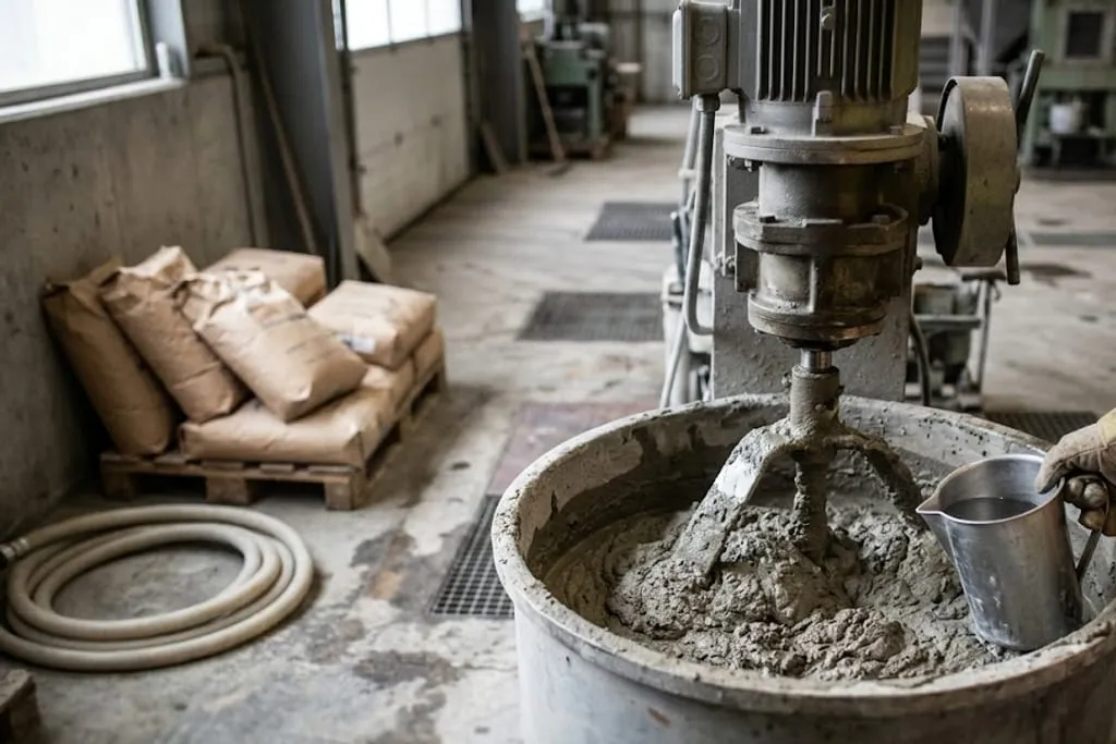 A paddle mixer standing on a plant floor part-filled with wet grey refractory castable, the paddle shaft running down into the material, a worker in high-visibility clothing at the rim with a metal measuring vessel, and stacked bags of dry material on a pallet behind.