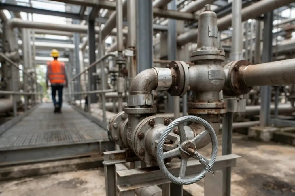 A relief valve mounted on pipework beside a grated walkway in a process unit. Below it, a gate valve has its handwheel locked in the open position by a twisted steel wire threaded through the spokes and crimped, with a blank metal tag on the wire. A short inlet line rises to the relief valve body and a larger discharge line leaves to one side. A worker walks away along the grating in the background.