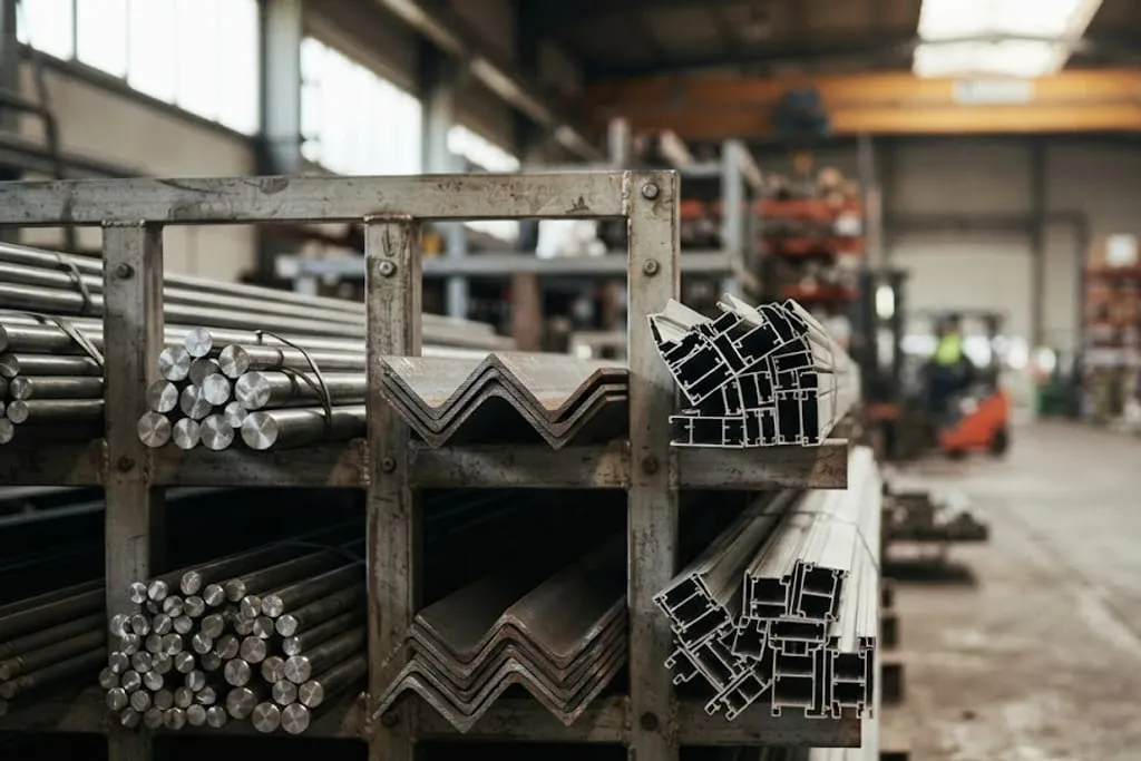 A stockholder rack bay holding bright cold drawn round bar, hot rolled angle and channel sections, and bundles of aluminium extruded profile with their hollow chambers visible end-on.