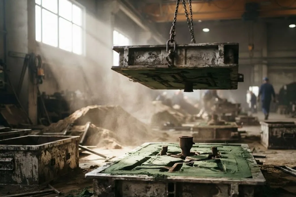 A foundry moulding floor with the cope lifted clear on a hoist chain, showing the green sand cavity in the drag below with the sprue, runners and risers cut into it, sand dust hanging in shafted daylight.