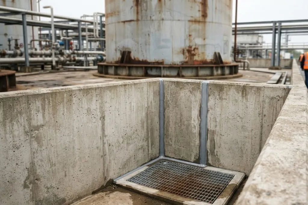 Looking down into the corner of a reinforced concrete bund. Two wall panels meet at an internal corner, with a pale sealed movement joint running vertically down the face of each and across the floor. At the low point of the floor sits a square sump covered by a steel grating in a concrete frame. Beyond the bund wall stands the rusted lower shell and stiffened base ring of a storage tank, with pipework, vessels and plant structures behind it under a flat grey sky. A worker in an orange hi-vis jacket stands at the far right edge of the frame.