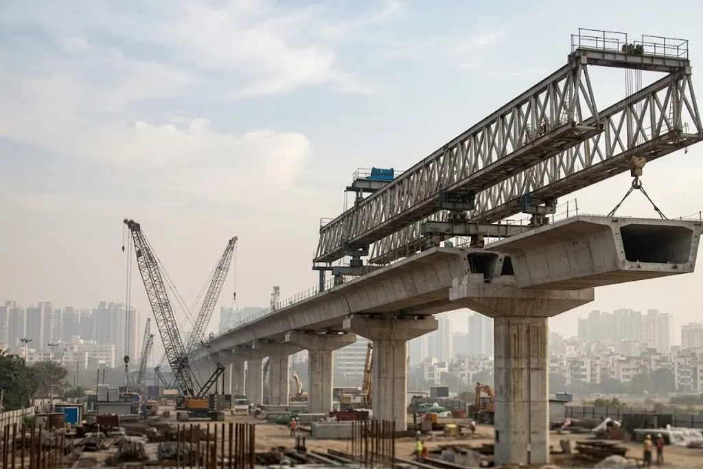 An elevated metro viaduct under construction, a launching girder spanning between two piers with a precast concrete box segment suspended from it and being lifted into position at the end of a completed span, crawler cranes and a hazy city skyline beyond.