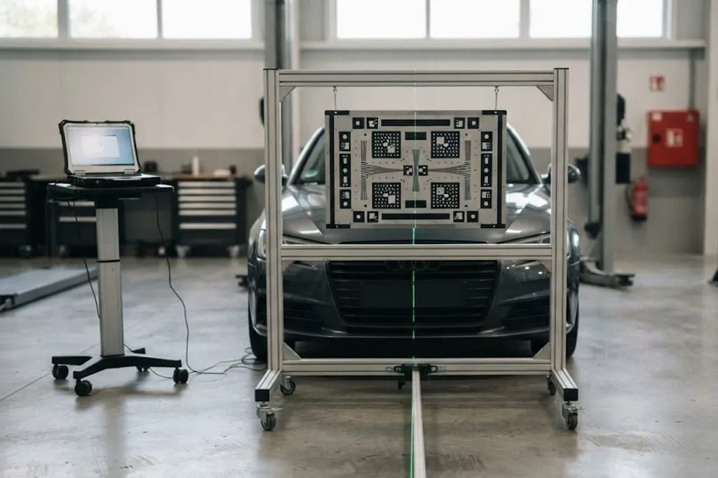 An ADAS calibration bay, with a large patterned calibration target board suspended in an aluminium profile frame on castors, positioned squarely in front of a car whose nose is just behind it, a green laser alignment line running along the floor and up through the centre of the frame, and a rugged laptop on a wheeled trolley to one side trailing a cable across the workshop floor.