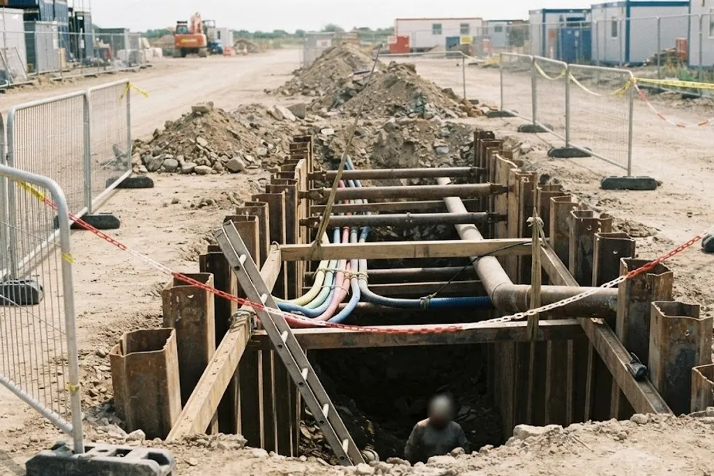An excavated trench with proprietary shoring panels and struts holding both faces, spoil set well back from the edge.