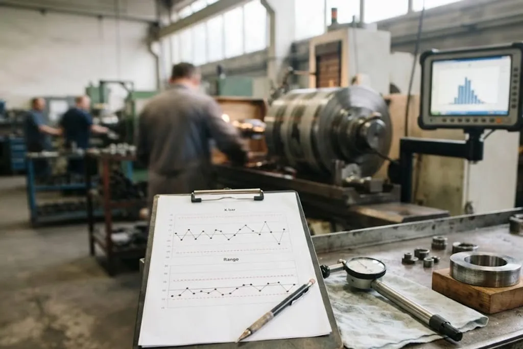 An X-bar and range control chart on a clipboard at a grinding machine, partly filled in by hand, with plotted points and calculated control limits drawn as dashed lines, a bore gauge and a master ring on the bench beside it, and a capability report showing a histogram on a monitor in the background.