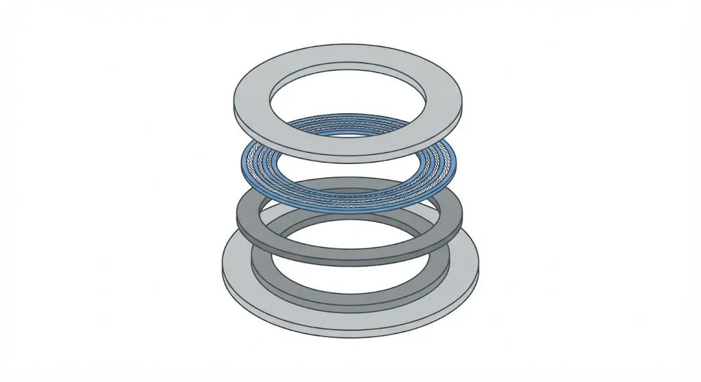 Exploded view of a spiral wound gasket showing its rings separated vertically, with the alternating metal and filler winding in the middle of the stack.