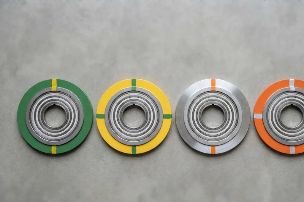 Four spiral wound gaskets laid flat, each with a differently coloured solid outer centring ring and a painted stripe across it, with the concentric metal winding visible inside.