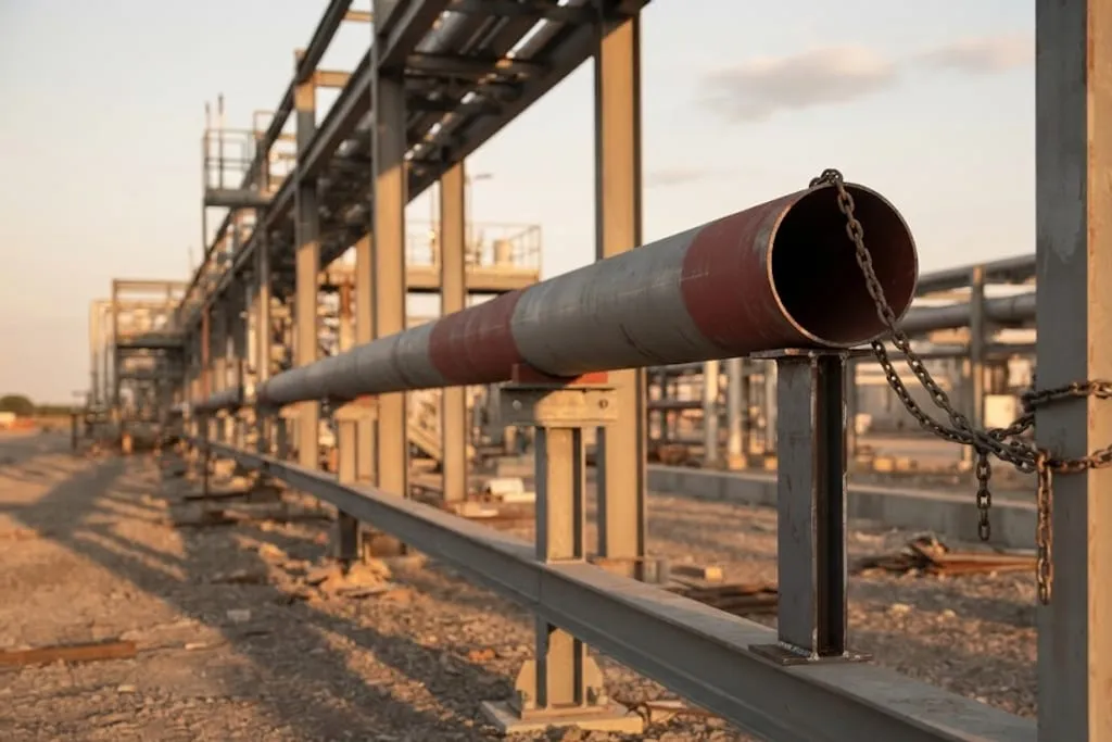A length of large-bore pipe resting on temporary steel props standing on a beam rather than on its permanent supports, with a chain wrapped around the pipe and the adjacent structure, photographed at dusk with nobody present and long shadows across the gravel.