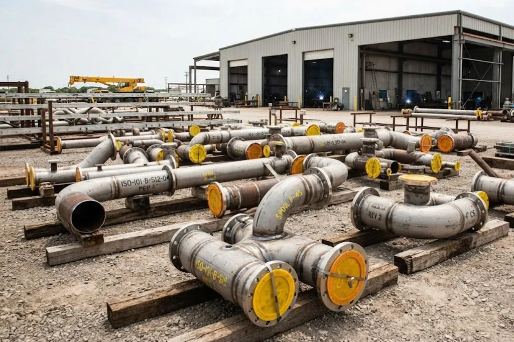 Fabricated pipe spools laid out in a construction laydown yard on timber bearers, each with elbows and flanges welded on, identification markings painted on the pipe and plastic protectors fitted to the flange faces.