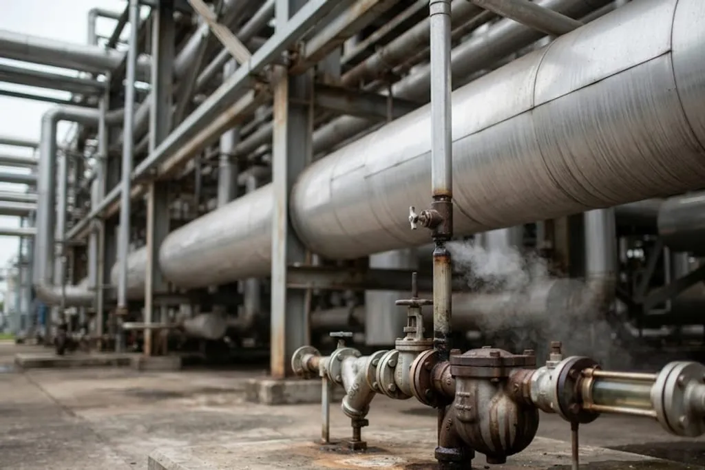 A large insulated steam header running along a pipe rack with aluminium cladding, a branch dropping to a steam trap station at low level with trap, isolation valves, strainer and a sight glass on the condensate line, a small wisp of steam venting from a drain point.