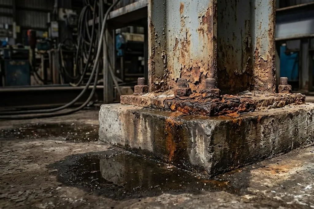 A steel column base plate on a concrete plinth, heavily corroded with laminated rust lifting the plate, the anchor bolts rusted, and standing water pooled on the floor around the plinth.