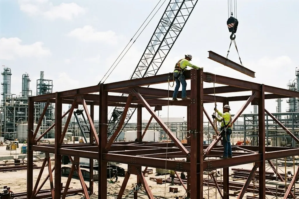 Structural steel erection on a plant site, with bolted columns and beams forming a multi-level pipe rack frame, bracing in place, a mobile crane lifting a beam, and some members already coated in grey fireproofing.