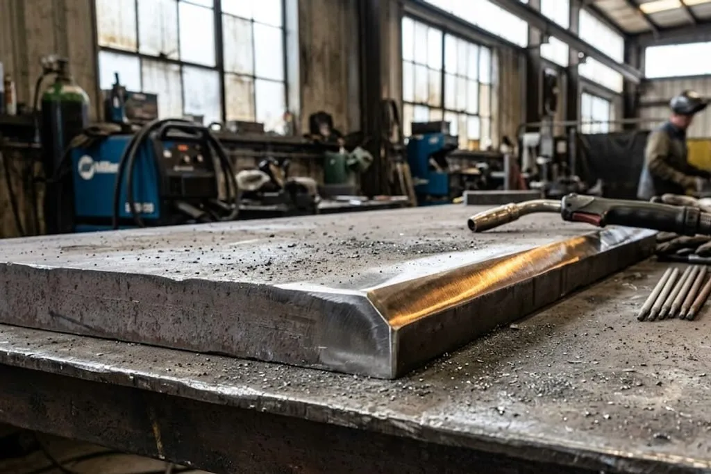 A structural steel plate on a fabrication bench in a welding shop, one edge freshly cut and still carrying the straw and blue heat tint, with welding sets, electrode stubs and a welder at work behind it.