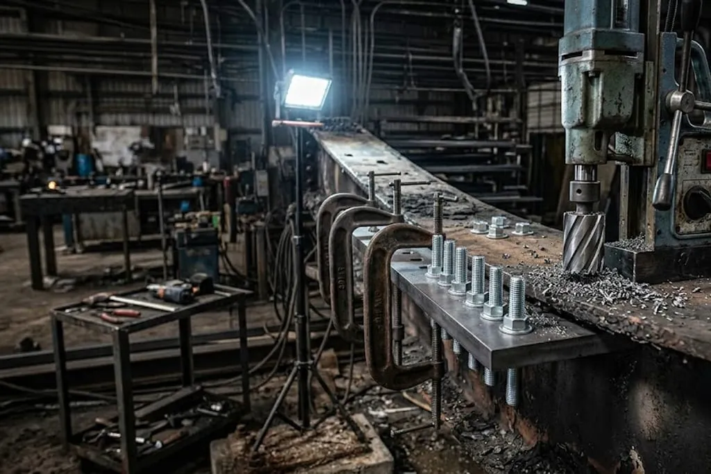 A steel beam in a workshop with a strengthening flange plate clamped along it by a row of G-clamps, high-strength bolts set in the drilled holes, and a magnetic base drill working at the far end under a work light.