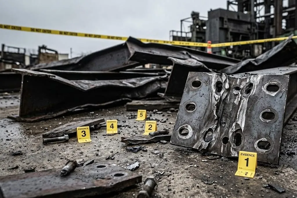 Collapsed structural steelwork lying on the ground after a failure, a torn connection plate with distorted and elongated bolt holes standing in the foreground, numbered yellow evidence markers placed among the debris and cordon tape strung behind.