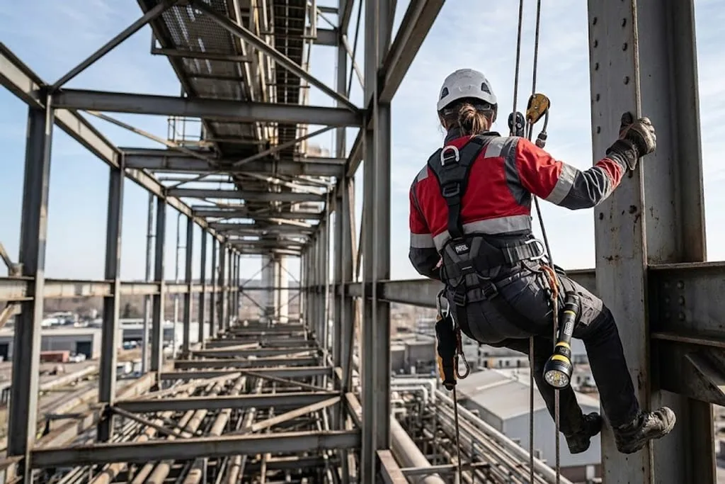 A rope access technician in a harness and helmet, seen from behind, working at height alongside the columns and bracing of an outdoor pipe rack, with the plant and more steelwork below.