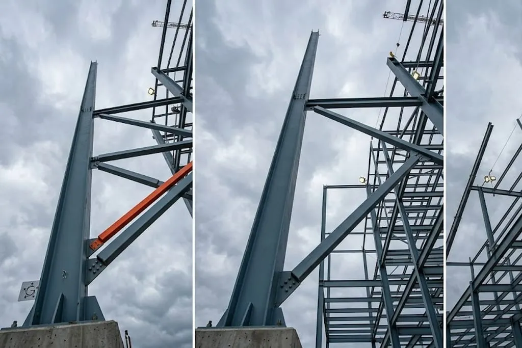 A steel frame under erection against an overcast sky, tall slender columns with bracing members and an orange-painted diagonal brace running between them, seen looking upwards from ground level.