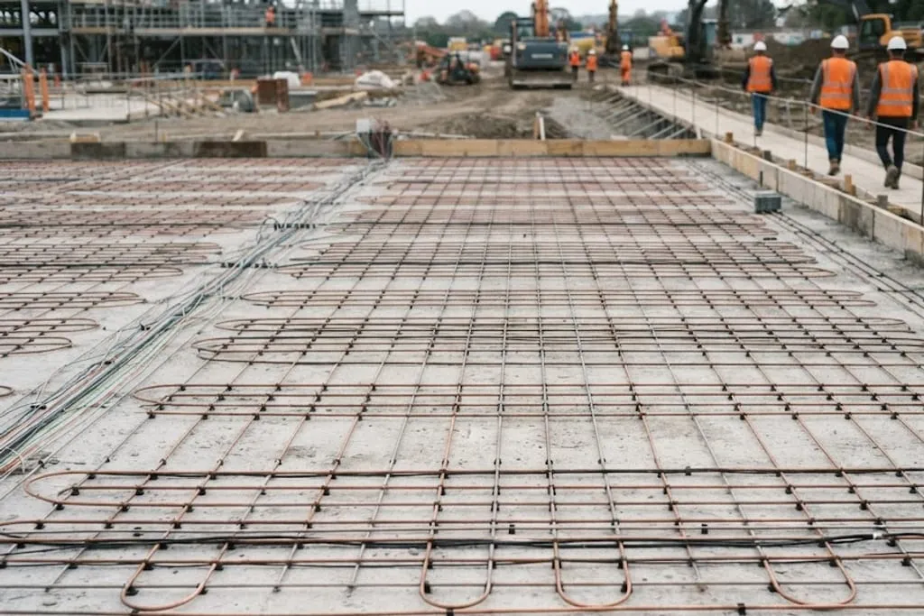 A dense grid of copper-coloured heating pipes laid in long loops and clipped to a reinforcement mesh across a large blinded slab area, photographed low and close so the grid recedes to the horizon. A bundle of instrument cables runs diagonally across the left of the frame and up to a small junction box on a timber shutter at the right. Beyond the timber edge shuttering, excavators and site plant work on the open formation, and three workers in orange hi-vis vests and white hard hats walk away along the right-hand edge.