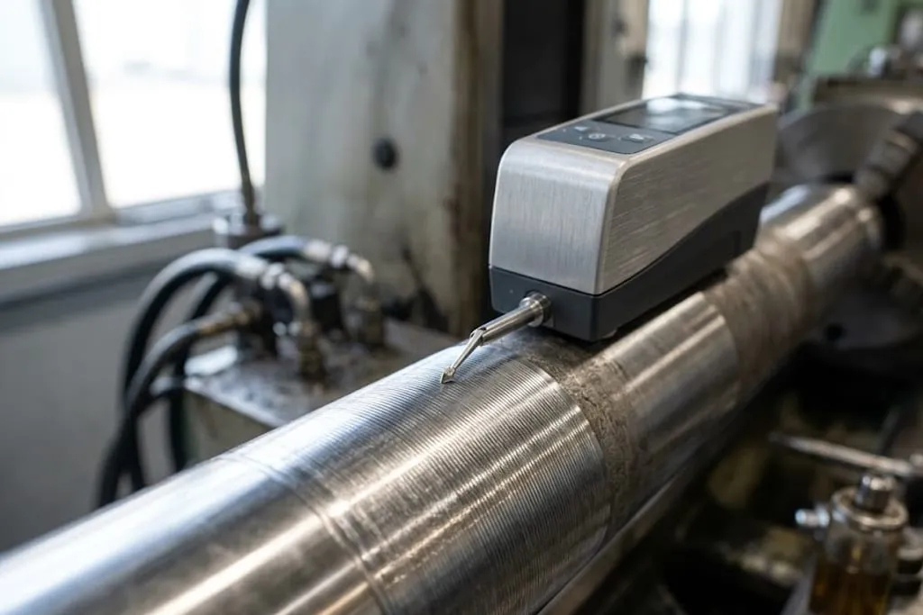 A portable surface roughness tester resting on a shaft journal still held in a lathe, its stylus lowered onto the surface, with the fine machining marks running around the shaft catching the light along the measured band.