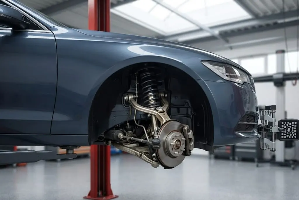 A front corner of a car raised on a two-post lift with the wheel removed, showing a double wishbone layout — upper and lower control arms running out to the hub carrier, a coil spring and damper mounted between them, the steering tie rod reaching forward to the steering arm, and the brake disc and caliper on the hub. An alignment target head is clamped to the far wheel in the background.