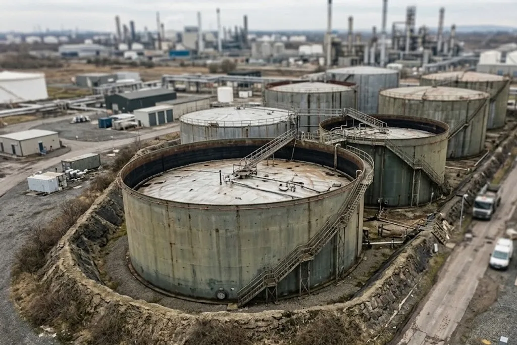 An elevated view of a tank farm. Several large fixed-roof storage tanks stand together inside a single low bund wall, with stairways spiralling up their shells and a process plant on the horizon behind them.