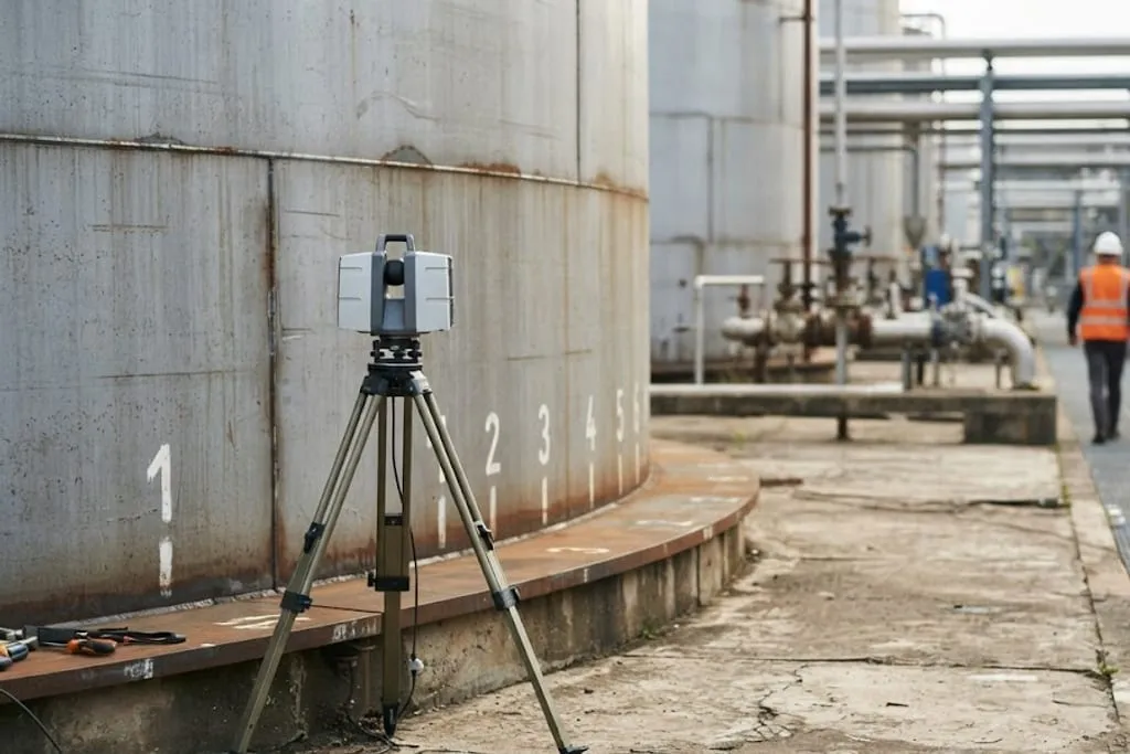 A laser scanner on a tripod set up on the annular ring beside a weathered storage tank shell. Painted white station numbers one to five run along the base of the shell with a tick mark beneath each. A set of hand tools lies on the ring plate behind the tripod. Beyond the tank, pipework, valves and plant structures recede, and a worker in an orange hi-vis vest and white hard hat walks away along the roadway.