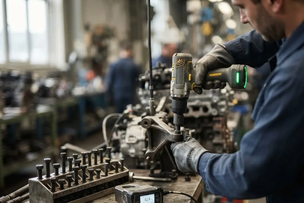 An assembly operator holding a DC electric torque tool on a bolt in an engine mounting bracket, the tool's LED status ring lit green, with a rack of graded bolts and a torque transducer and its readout on the bench alongside.