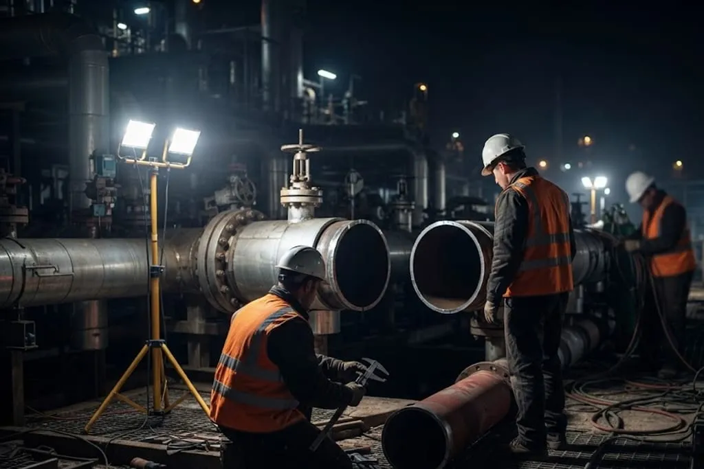 A night scene inside an operating unit under temporary floodlighting, a section of large line cut out and removed leaving two open pipe ends facing each other across a gap, with a crew working around it and the dark bulk of the running plant beyond the lit area.