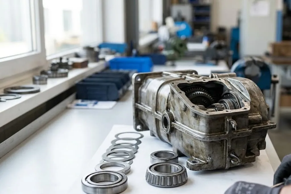 A partly assembled transmission housing on a clean assembly bench with its stack of shims, spacers and two tapered roller bearings laid out in sequence beside the open face, an assembler's gloved hands at the edge of the frame and soft window light from the left.