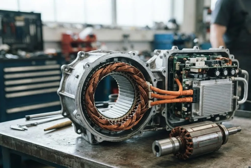 An electric drive unit opened on a workshop bench, the stator with its copper hairpin windings visible in the housing on one side and the inverter power module on the other, with three heavy orange phase cables running between them and a laminated rotor lying on the bench alongside.
