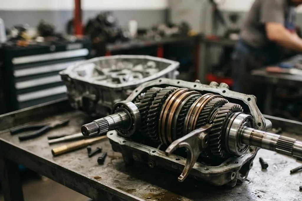 A manual transmission opened on a workbench with one casing half removed, showing the input shaft, the layshaft with its constant mesh gear pairs, three synchroniser hubs with their blocker rings, and the selector forks sitting in the grooves of the sliding sleeves.