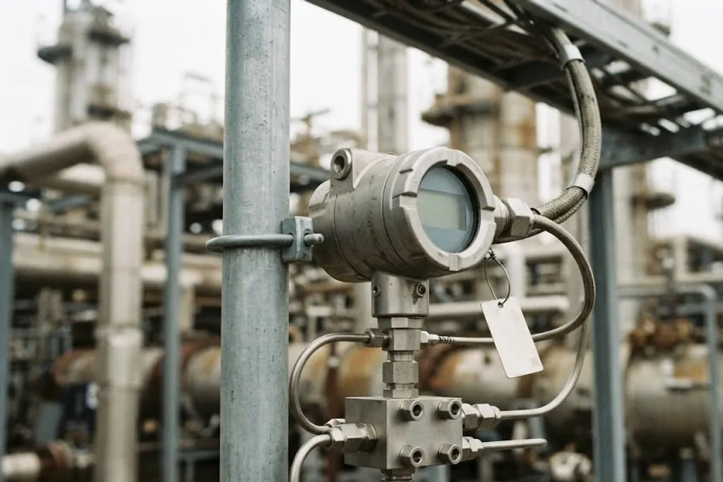 A stainless steel pressure transmitter mounted on a stand pipe, with a digital display on its face, impulse tubing and a manifold valve block below, and an armoured cable entering a gland on the side.