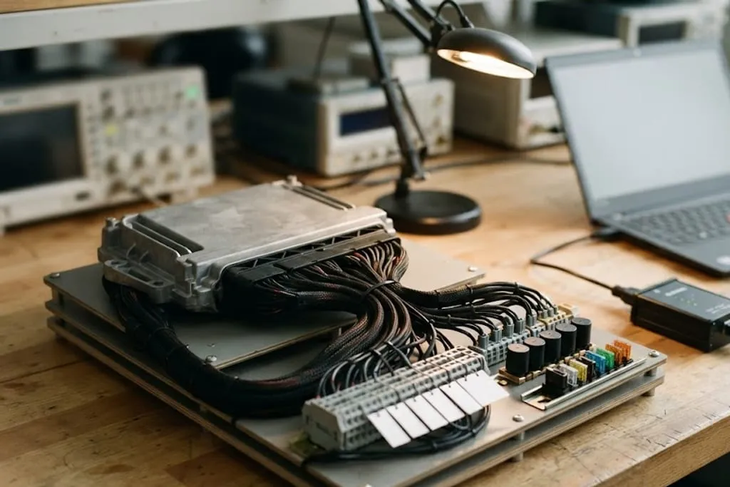 An engine control unit lifted out of the vehicle and mounted on a test harness board on a wooden bench, its finned alloy casing connected to a thick braided loom that fans out into rows of labelled terminal blocks, relays and fuses on a rail beside them, a small vehicle communication interface box cabled to a laptop turned away from the camera, an anglepoise lamp and laboratory instruments behind.