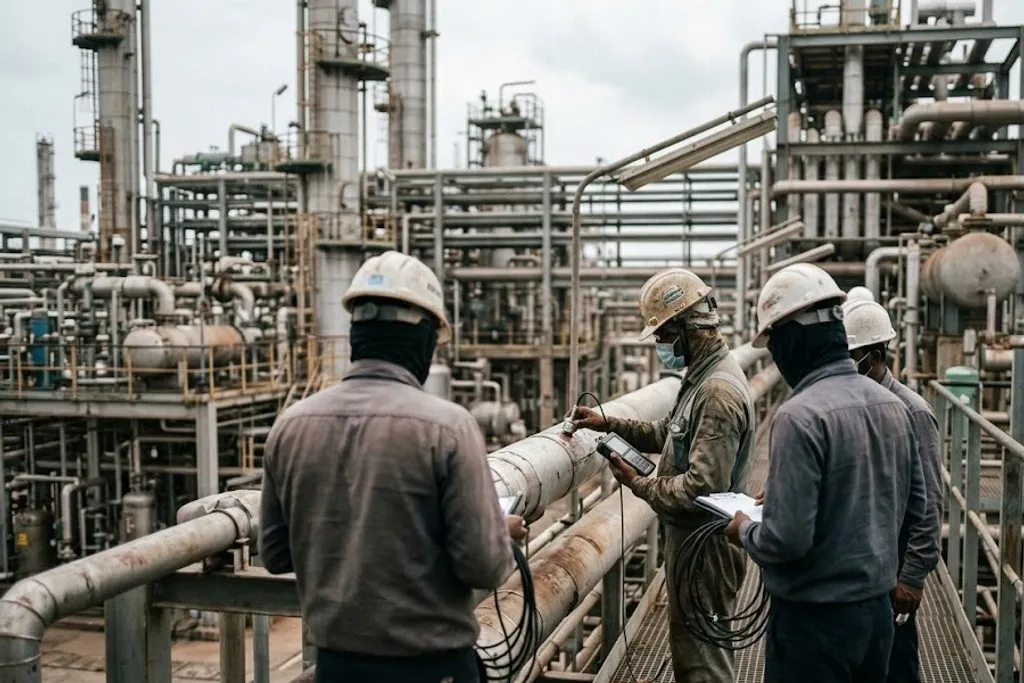 Four workers in hard hats gathered around a single insulated pipe on an elevated walkway in a refinery. One holds an ultrasonic thickness meter with its probe against the pipe and a cable coiled below, another records readings on a clipboard, and two more stand alongside. Process units and pipework fill the background.