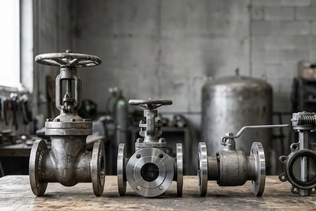 Four flanged industrial valves on a workshop bench. Two have rising stems and handwheels, one has a quarter-turn lever, and one is a wafer body with a gear operator and small handwheel.