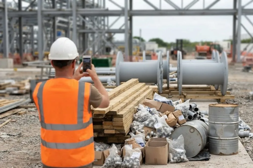 A piping work area where another trade has stacked boards, bundles of fittings and a drum across the access route, blocking the way through to pipe spools visible beyond, with a worker in the foreground seen from behind holding up a phone to photograph the obstruction.