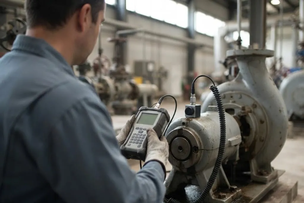 A technician in coveralls and gloves holding a handheld vibration analyser against the bearing housing of a running pump, with an accelerometer on a magnetic base and a curled cable, other pumps out of focus behind.