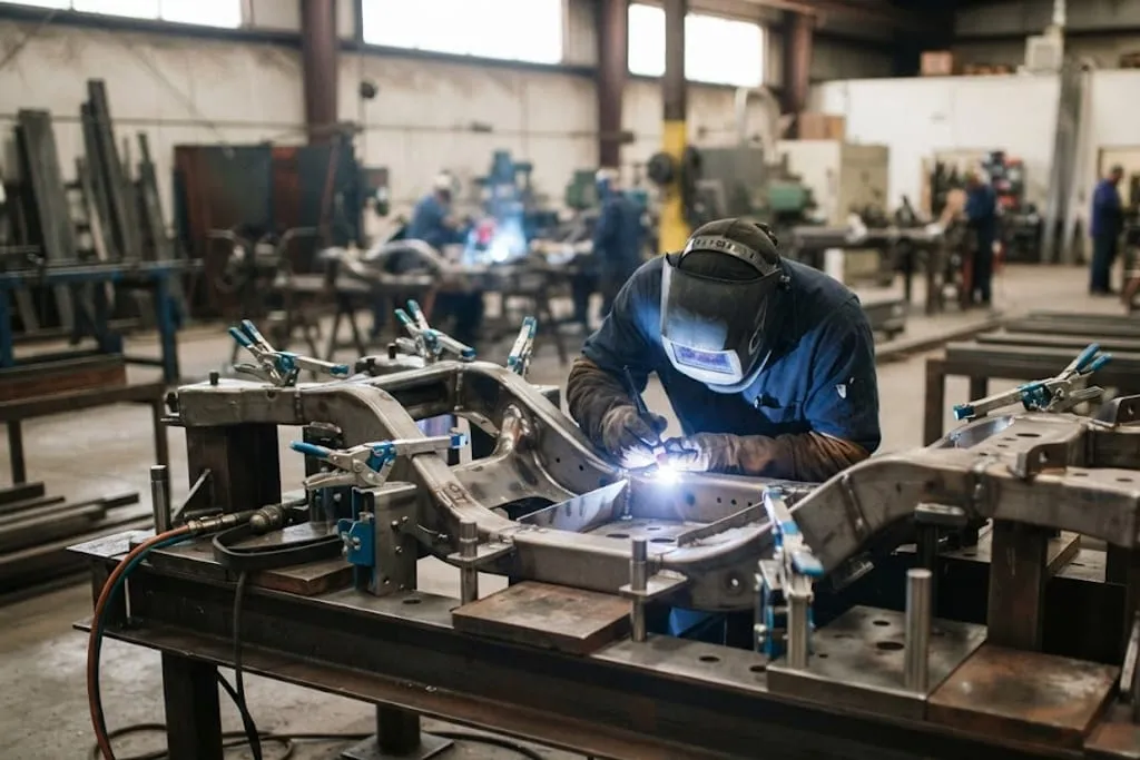A large welding fixture on a shop floor holding a fabricated steel subframe, with numbered pneumatic toggle clamps, machined locating pins and flat rest pads visible around the part, and a welder working on a joint inside the frame.