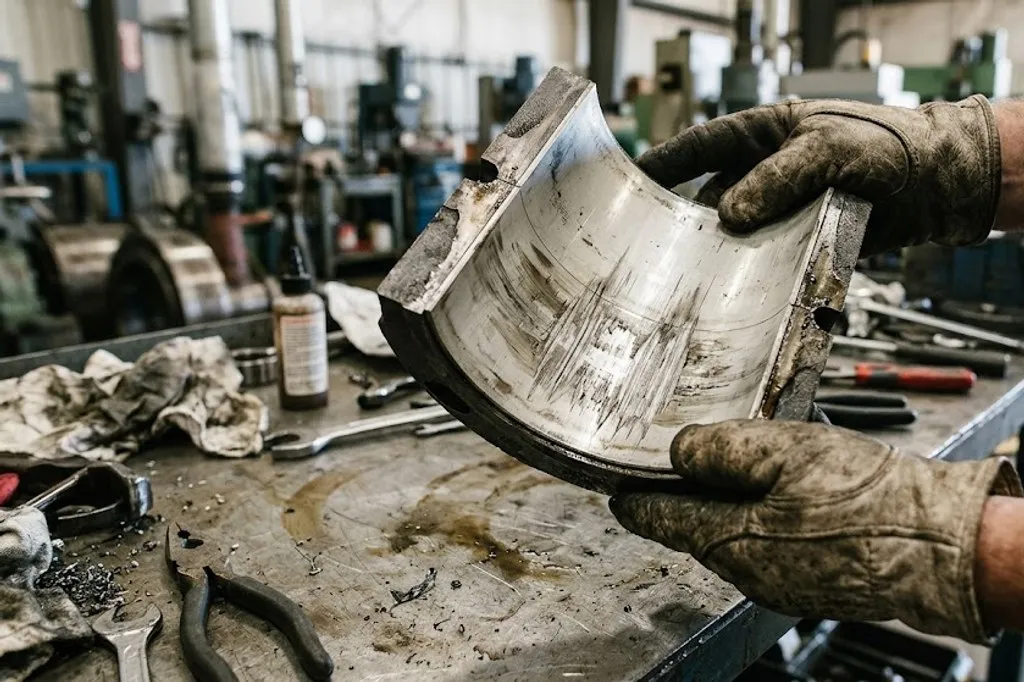 A gloved hand holding the lower half shell of a journal bearing above a workshop bench. The white metal lining is scored with parallel marks running around the bore and is darkened in patches where it has overheated, and the edge of the lining is broken away. The mating upper half lies on the bench behind.