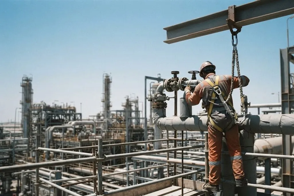 A worker in orange coveralls and a hard hat standing on insulated pipework at high level, working on a flanged valve. He wears a full body harness whose lanyard runs upward to an anchor point on the steel beam above his head. A refinery of columns and pipe racks stretches away below him.