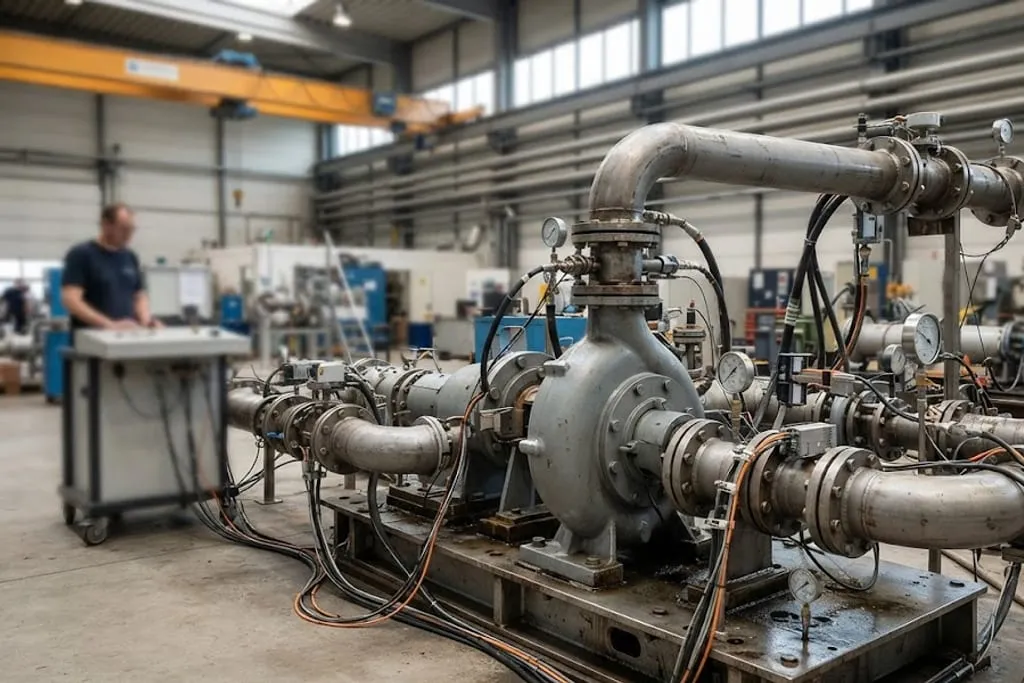 A large centrifugal pump bolted to a heavy steel test bed in a manufacturer's test hall, connected into temporary looped test piping with flanged spools, gauges on the suction and discharge and instrument cables running to a test console where an engineer is standing.